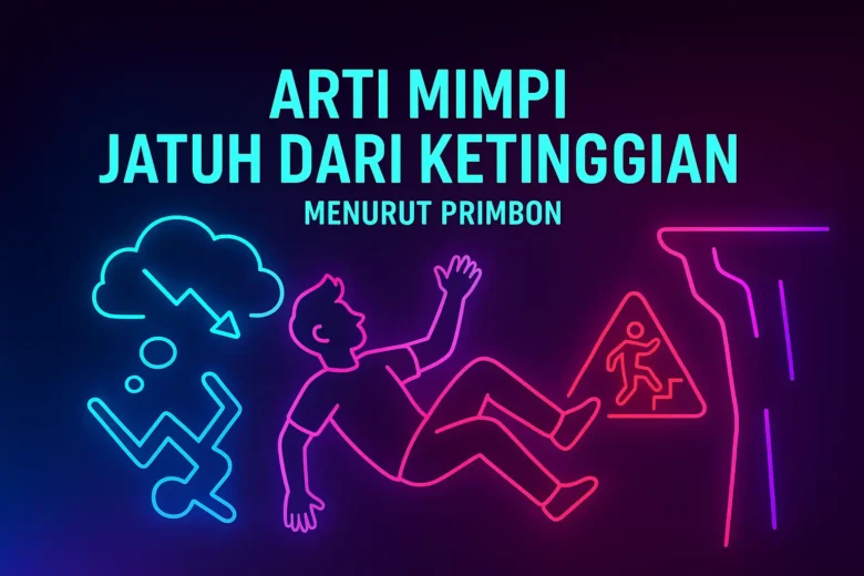 Banner Arti Mimpi Jatuh dari Ketinggian Menurut Primbon menampilkan siluet orang jatuh neon, tanda peringatan tebing, dan gelembung mimpi di latar gradasi ungu dan biru