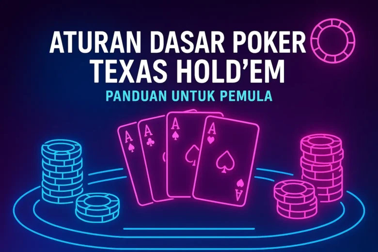 Banner Aturan Dasar Poker Texas Hold'em menampilkan kartu As, tumpukan chip neon, dan teks panduan pemula di latar gradasi biru dan ungu