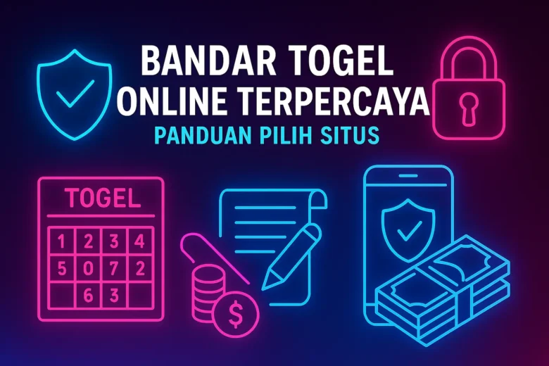 Banner Bandar Togel Online Terpercaya: Panduan Pilih Situs menampilkan ikon perisai centang, gembok neon, kartu prediksi, tumpukan koin, dan smartphone berlogo keamanan di latar gradasi biru ungu