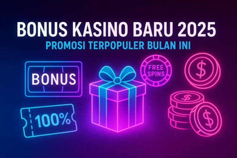 Banner Bonus Kasino Baru 2025: Promosi Terpopuler Bulan Ini menampilkan kotak kado hadiah neon, chip free spins, tiket bonus 100%, koin emas, dan latar gradasi ungu biru