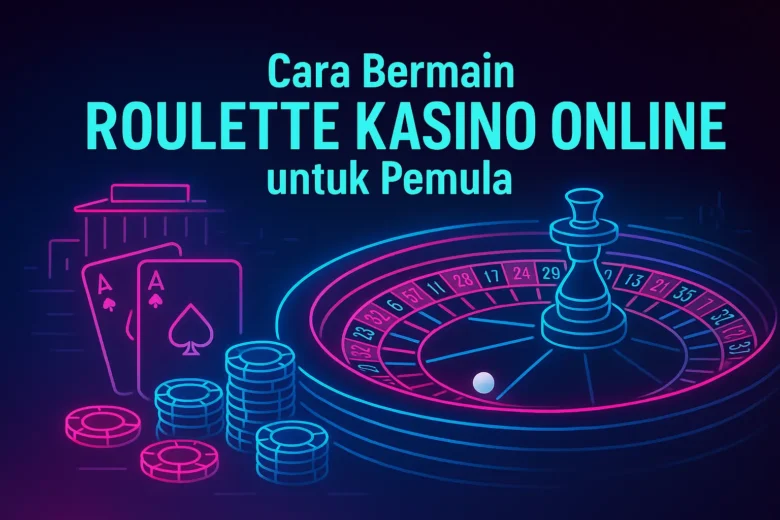 Banner Cara Bermain Roulette Kasino Online untuk Pemula menampilkan roda roulette neon, bola putih, tumpukan chip, dan kartu As di latar gradasi gelap