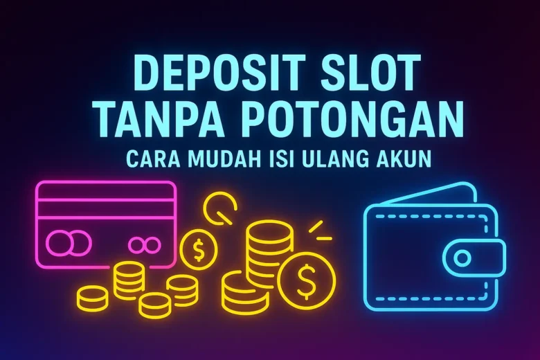 Banner Deposit Slot Tanpa Potongan menampilkan ikon kartu kredit neon, tumpukan koin emas, dan dompet di latar gradasi ungu biru