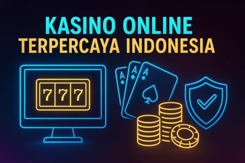 Banner Kasino Online Terpercaya Indonesia menampilkan monitor dengan mesin slot 777 neon, kartu As, tumpukan chip kasino, dan perisai centang di latar gradasi gelap
