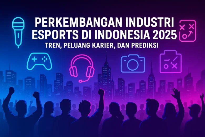 Banner Perkembangan Industri Esports di Indonesia 2025 menampilkan siluet kerumunan penonton dan latar kota futuristik berhiaskan ikon mikrofon, joystick, headset, kamera siaran, dan diagram strategi
