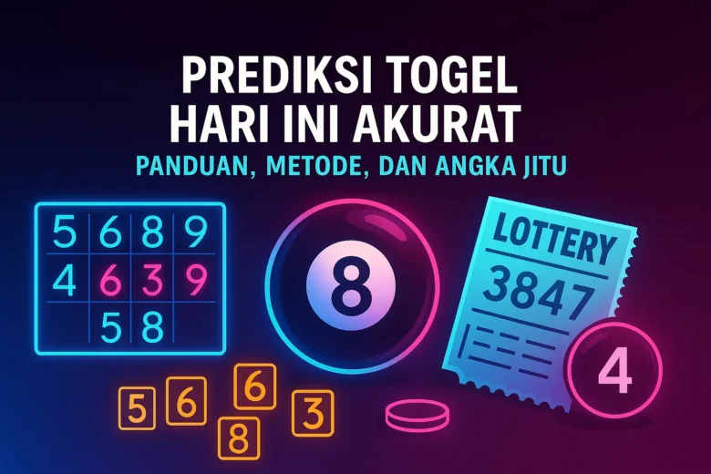 Banner Prediksi Togel Hari Ini Akurat menampilkan grid prediksi angka neon, bola togel nomor 8, tiket Lottery 3847, dan angka 5,6,3,9 berwarna neon dengan latar gradasi biru-ungu