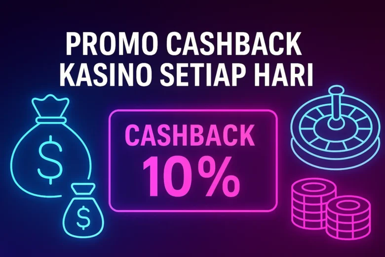 Banner Promo Cashback Kasino Setiap Hari dengan ikon tas uang neon, persentase cashback 10%, roda roulette neon, dan tumpukan chip di latar gradasi ungu dan biru