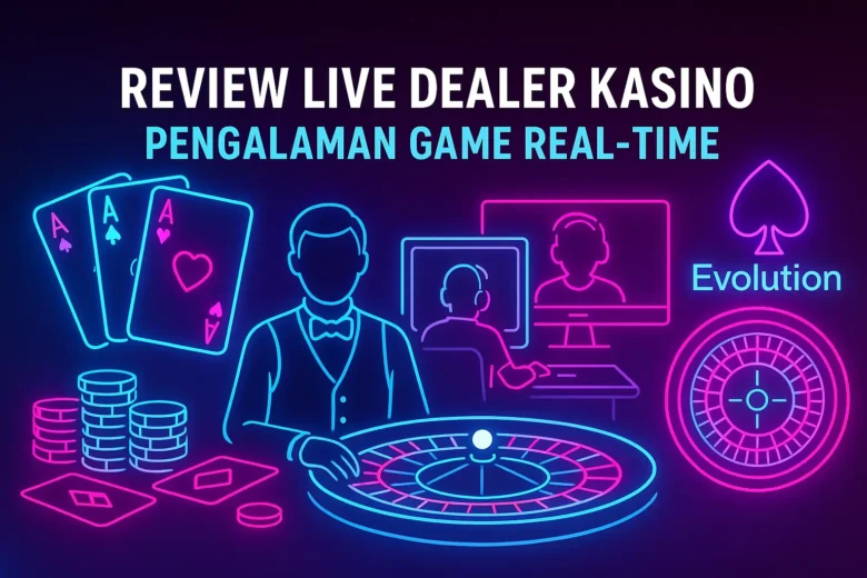 Banner Review Live Dealer Kasino: Pengalaman Game Real-Time menunjukkan dealer live neon, meja roulette, kartu As, logo Evolution, dan layar pemain di latar gelap