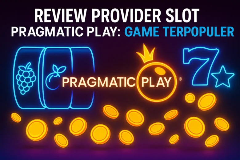 Banner Review Provider Slot Pragmatic Play: Game Terpopuler dengan logo Pragmatic Play neon, gulungan slot, dan koin emas di latar belakang gradasi ungu dan biru