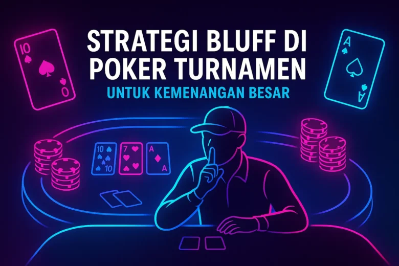 Banner Strategi Bluff di Poker Turnamen untuk Kemenangan Besar menampilkan pemain poker melakukan gesture sembunyi, meja poker neon, chip, dan kartu di latar gradasi biru ungu
