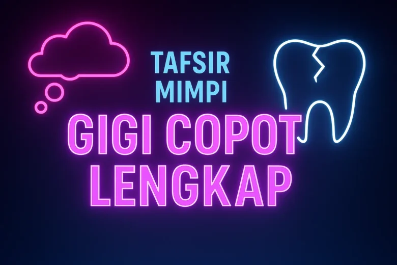 Banner Tafsir Mimpi Gigi Copot Lengkap menampilkan ikon gigi retak neon, gelembung mimpi pink, dan teks neon biru ungu di latar gradasi gelap