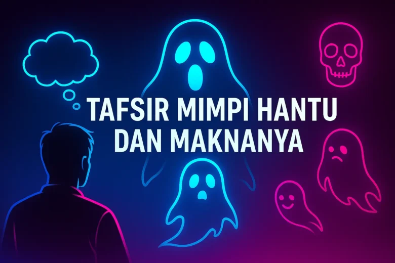 Banner Tafsir Mimpi Hantu dan Maknanya menampilkan siluet orang melihat hantu neon, boneka hantu, tengkorak, dan gelembung mimpi di latar gradasi biru dan ungu