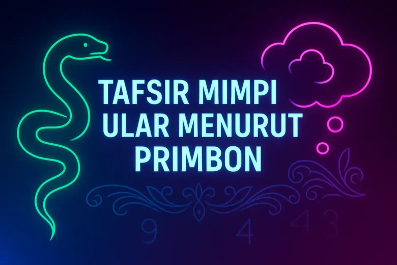 Banner Tafsir Mimpi Ular Menurut Primbon menampilkan siluet ular hijau neon, awan mimpi magenta, motif primbon biru, dan angka jitu di latar belakang gradasi biru ungu