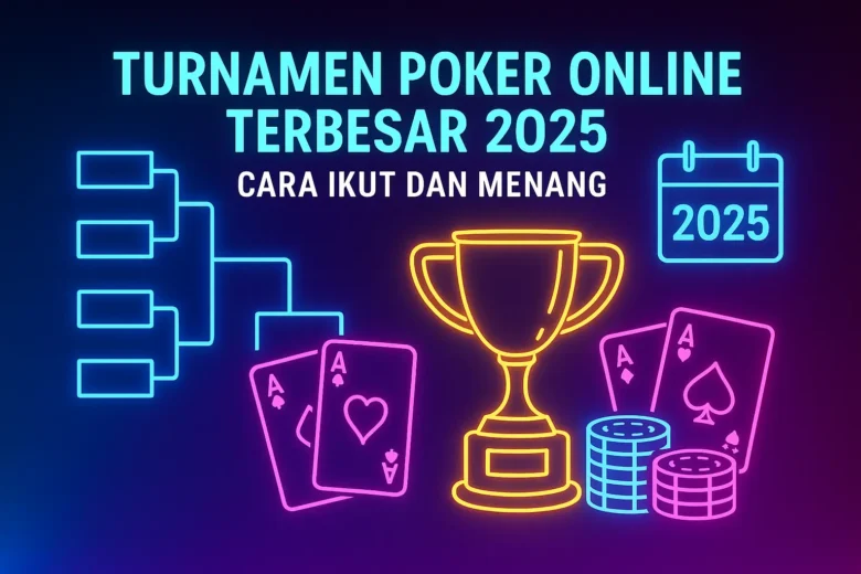Banner Turnamen Poker Online Terbesar 2025: Cara Ikut dan Menang menampilkan bracket turnamen neon, piala emas, kartu As, tumpukan chip, dan ikon kalender 2025 di latar gradasi biru ungu gelap