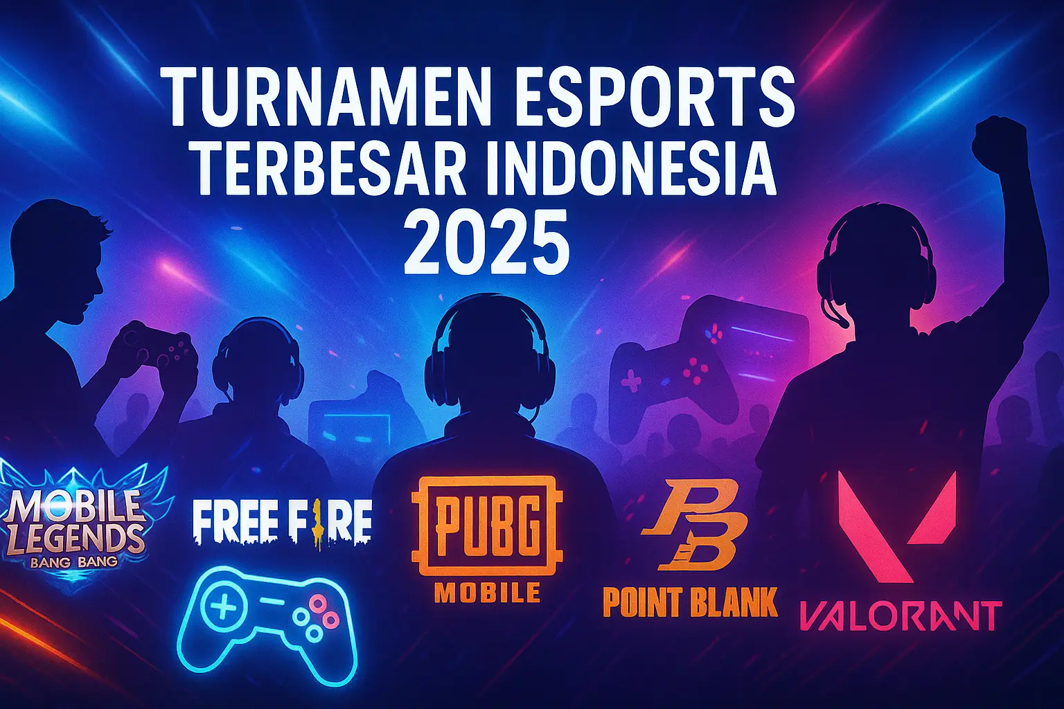 Banner ‘Turnamen Esports Terbesar Indonesia 2025’ menampilkan siluet pemain gaming dengan headset, controller, dan logo Mobile Legends, Free Fire, PUBG Mobile, Point Blank, serta Valorant di latar belakang gradasi neon biru dan ungu yang dinamis.