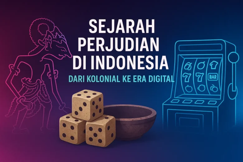 Banner Sejarah Perjudian di Indonesia: Dari Kolonial ke Era Digital menampilkan ilustrasi wayang neon, dadu kayu tradisional, mangkuk kayu antik, dan mesin slot modern bergradasi ungu-biru